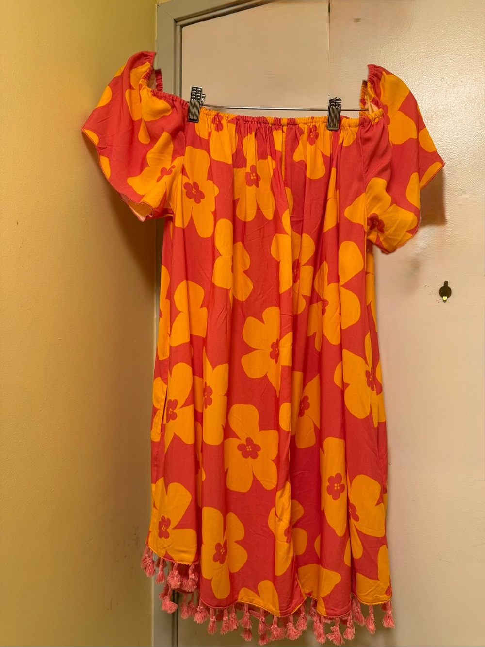Women Off-Shoulder Orange & Yellow Floral Dress with Tassel Trim-Limited